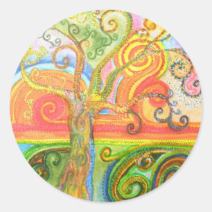 Sticker Rond Feuille d'autocollant avec arbre coloré psychédéli