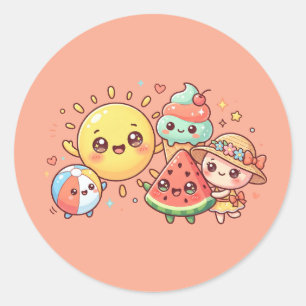 Sticker Rond Feuille d'autocollants d'amis d'été mignons