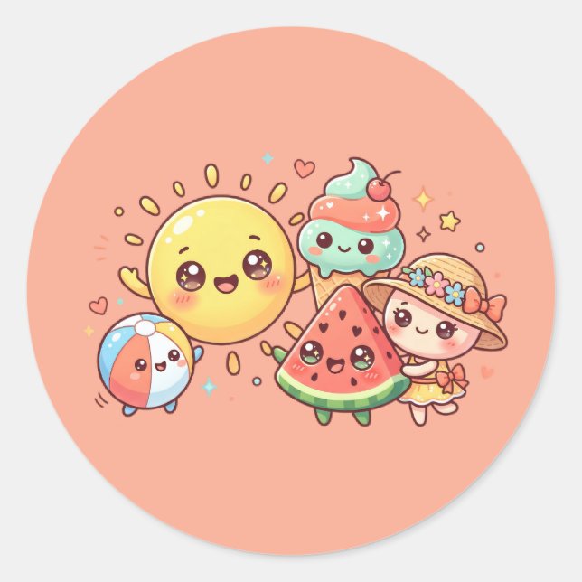 Sticker Rond Feuille d'autocollants d'amis d'été mignons (Devant)