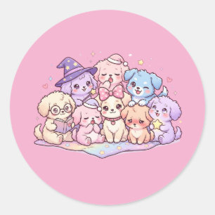 Sticker Rond Feuille d'autocollants de chiots mignons pastel am