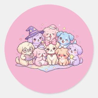 Sticker Rond Feuille d'autocollants de chiots mignons pastel am