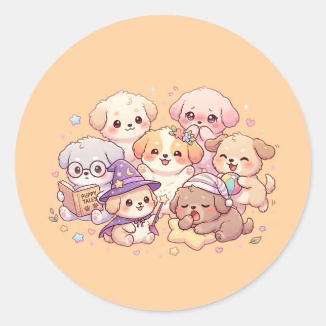 Sticker Rond Feuille d'autocollants de chiots pastel mignons (Devant)