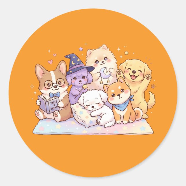 Sticker Rond Feuille d'autocollants de chiots pastel mignons am (Devant)