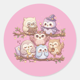 Sticker Rond Feuille d'autocollants de chouettes amis pastel mi