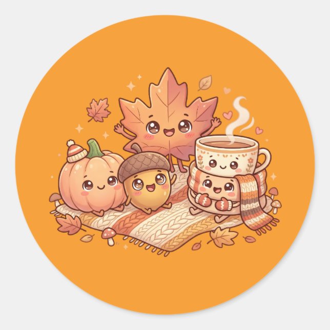 Sticker Rond Feuille d'autocollants de jolis amis d'automne (Devant)