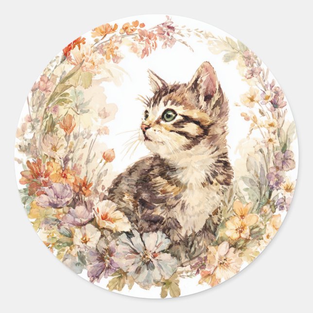 Sticker Rond Feuille d'autocollants Floral Kitten (Devant)