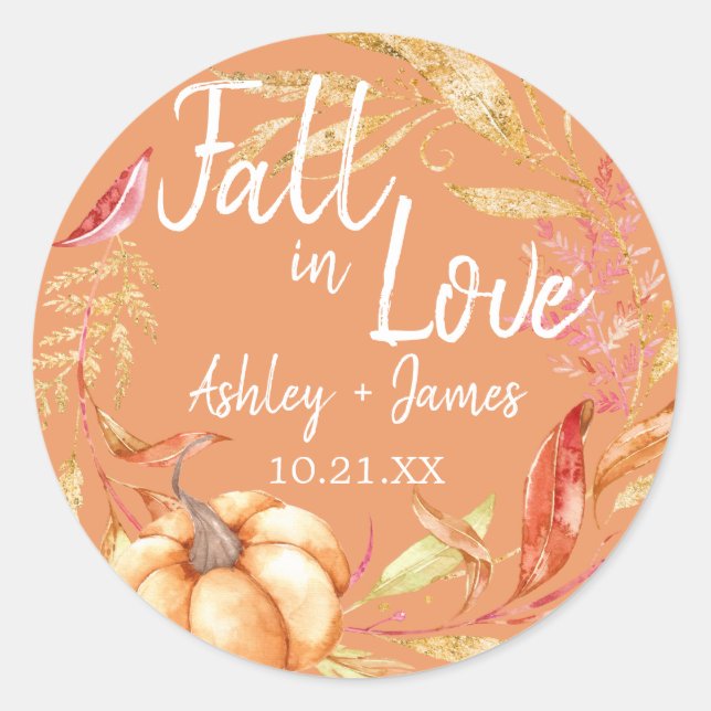 Sticker Rond Feuille d'automne orange de mariage monogramme cou (Devant)