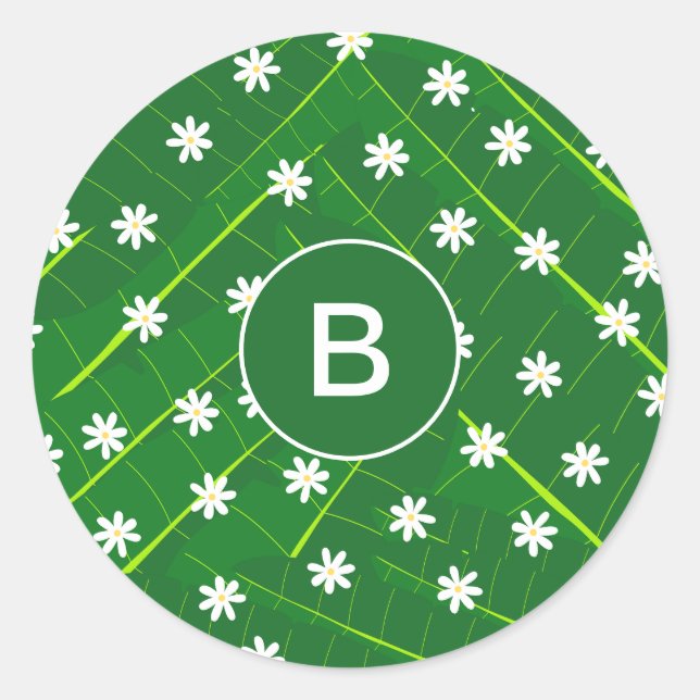 Sticker Rond feuille de banane tropicale et fleurs vert botaniq (Devant)