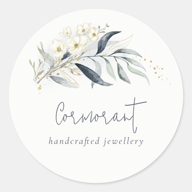 Sticker Rond Feuille de botanique florale verte bleue dorée (Devant)