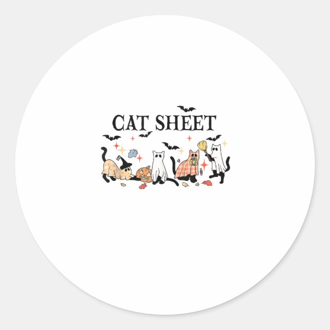 Sticker Rond Feuille de chat Cute Chats noirs en Ghost Hallowee (Devant)