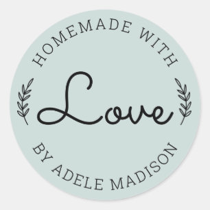 Sticker Rond Feuille de Laurier Rose Faite Maison Avec Amour