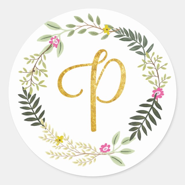 Sticker Rond Feuille de monogramme or P (Devant)