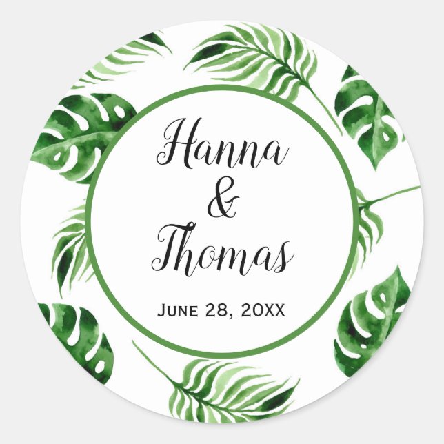 Sticker Rond Feuille de palme tropicale Destination Mariage cla (Devant)