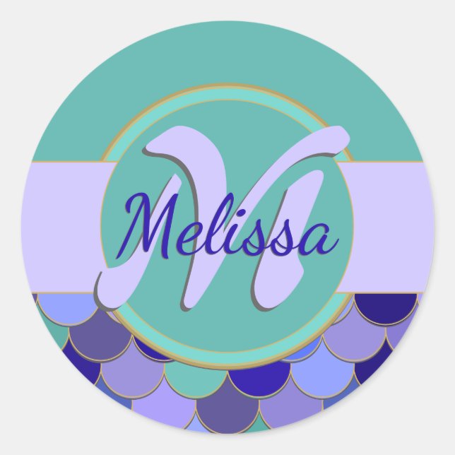 Sticker Rond Feuille de sirène de monogramme turquoise et pourp (Devant)