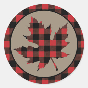 Sticker Rond Feuille d'érable à bordure carreautée rouge buffle