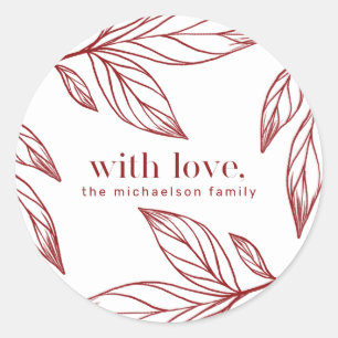 Sticker Rond Feuille d'hiver rouge Amour et Nom Noël Vacances
