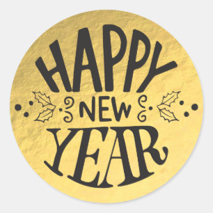 Sticker Rond Feuille d'Or Fêtes Paillettes Script Bonne Année