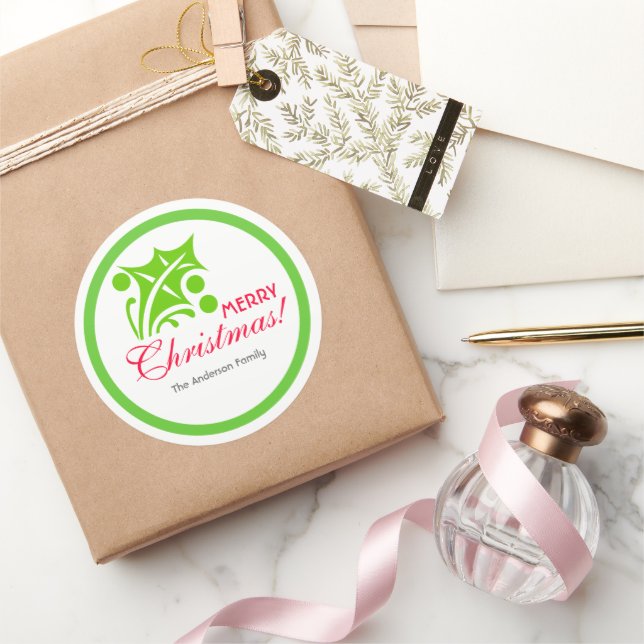 Sticker Rond Feuille Holly de Noël verte (Cadeaux)