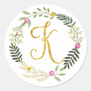 Sticker Rond Feuille K de monogramme d'or