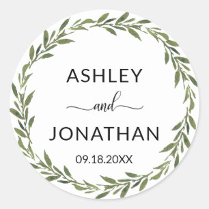 Sticker Rond Feuille Mariage de couronne Botanique Blancs Étiqu