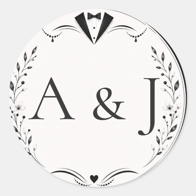 Sticker Rond Feuille : Mariée Mari Monogramme Joint Cachet (Devant)