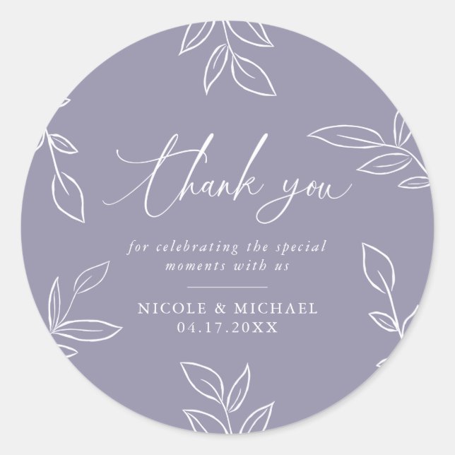 Sticker Rond Feuille Merci Mariage élégant violet doux (Devant)