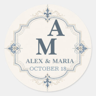 Sticker Rond Feuille : Monogramme personnalisé bleu poussiéreux