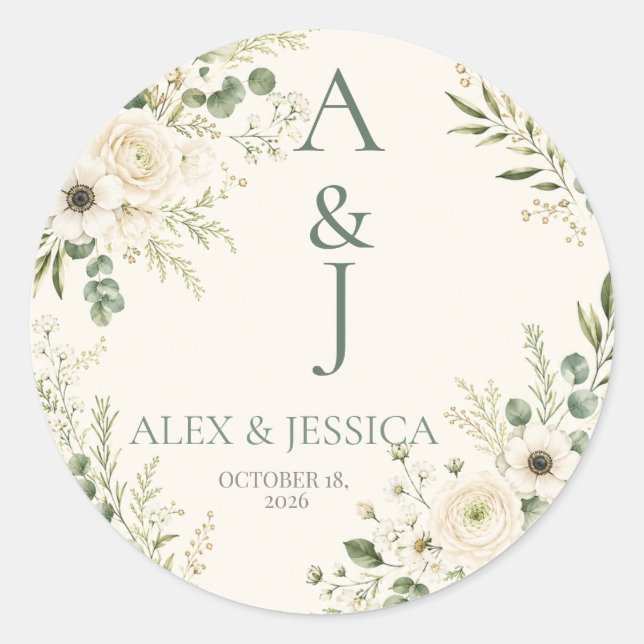 Sticker Rond Feuille : Sceau de Initiales de Mariage Botanique  (Devant)