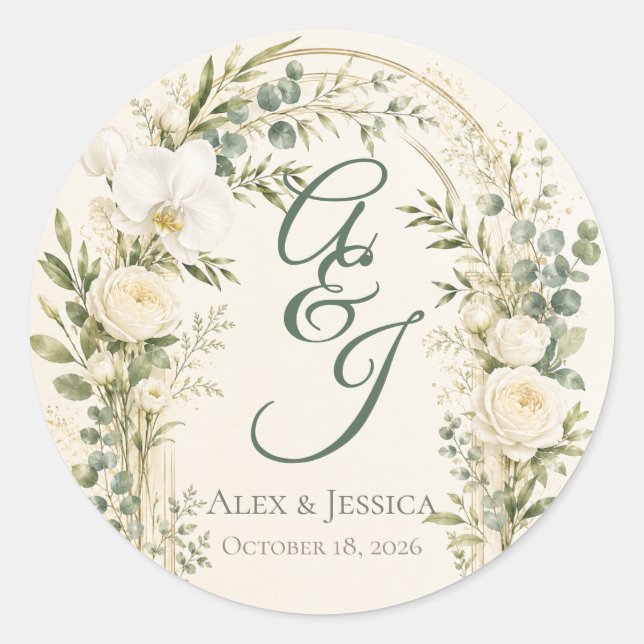 Sticker Rond Feuille : Sceau de mariage botanique moderne perso (Devant)