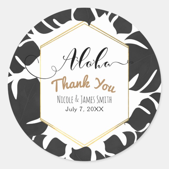Sticker Rond Feuille Tropical Noir Mariage Blanc & Or (Devant)
