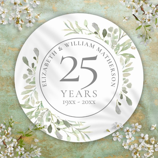 Sticker Rond Feuilles Aquarelle Douce 25e Anniversaire (Soft Watercolour Leaves 25th Anniversary Classic Round Sticker)
