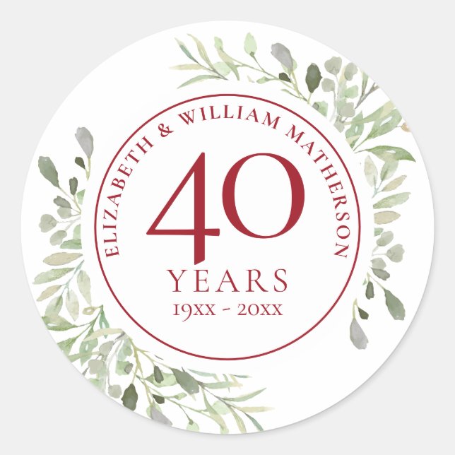 Sticker Rond Feuilles Aquarelle Douce 40e Anniversaire (Devant)