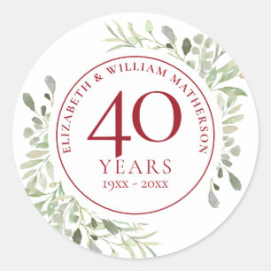 Sticker Rond Feuilles Aquarelle Douce 40e Anniversaire