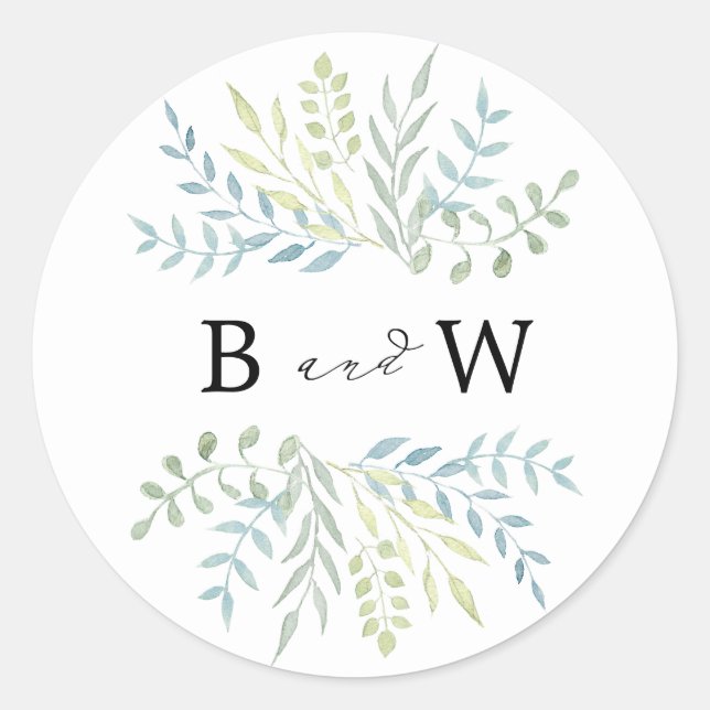 Sticker Rond Feuilles aquarelle en Mariage teintes vertes (Devant)
