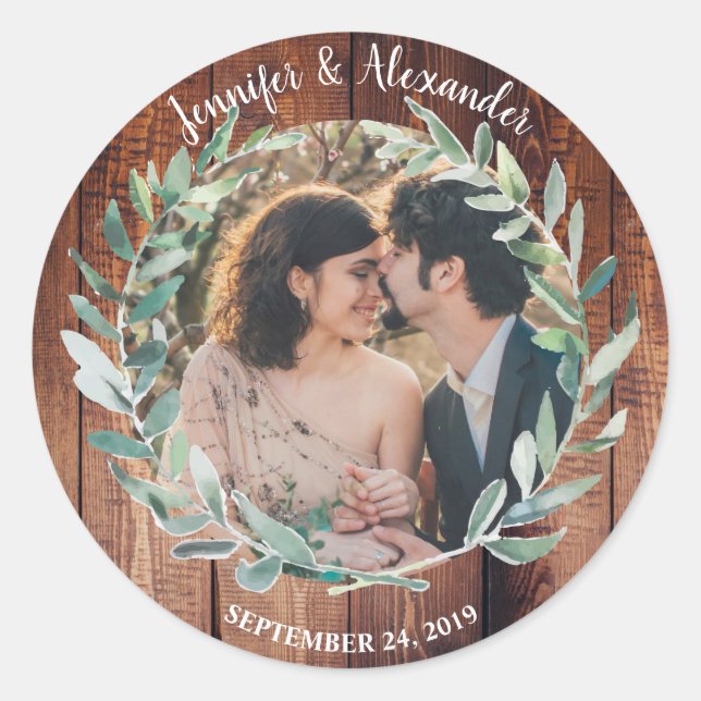 Sticker Rond Feuilles aquarelle sur Mariage photo en bois rusti (Devant)