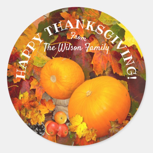 Sticker Rond Feuilles d'automne et Bon thanksgiving citrouille (Devant)