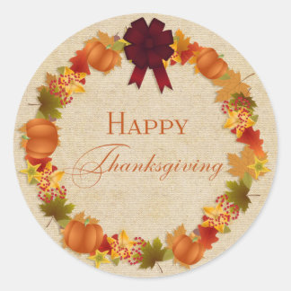 Sticker Rond Feuilles d'automne et Citrouille Thanksgiving