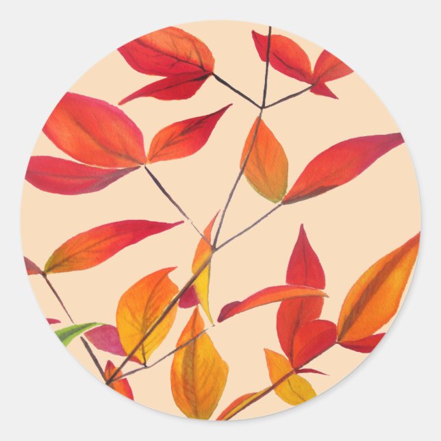 Sticker Rond Feuilles d'automne orange art aquarelle original (Devant)