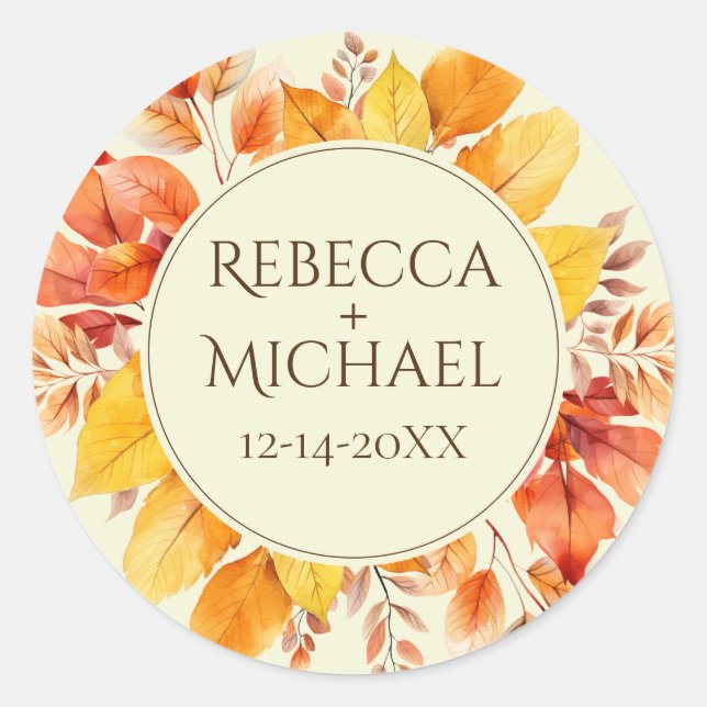 Sticker Rond Feuilles d'automne rustiques Élégant mariage crème (Devant)