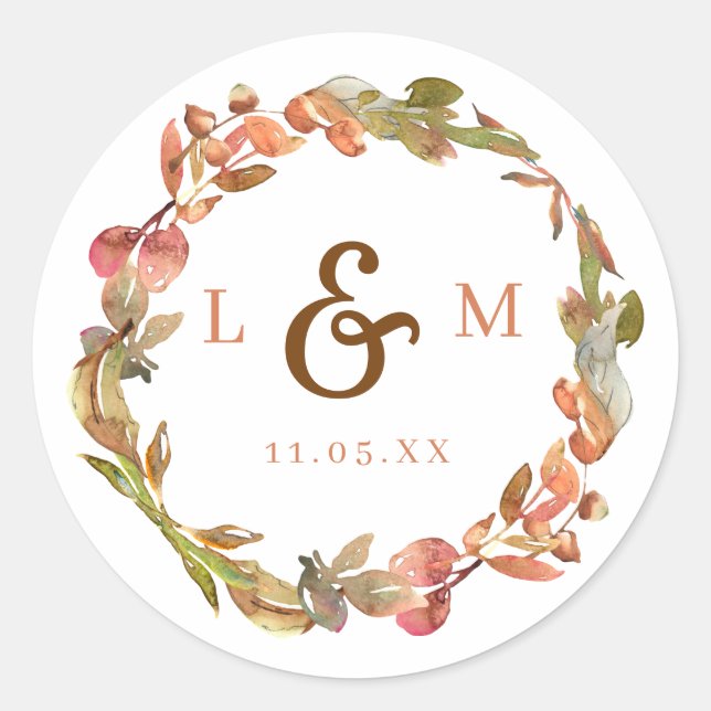Sticker Rond Feuilles d'automne Terracotta Monogram Mariage (Devant)