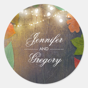 Sticker Rond Feuilles de automne rustiques et Mariage de bois