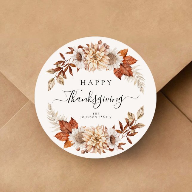 Sticker Rond Feuilles de chêne rustiques Joyeux Thanksgiving (Rustic Fall Leaves Happy Thanksgiving Classic Round Sticker)