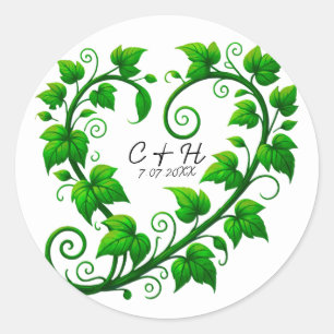 Sticker Rond Feuilles de coeur de vigne verte Mariage