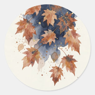 Sticker Rond Feuilles de érable d'automne en aquarelle bleu mar