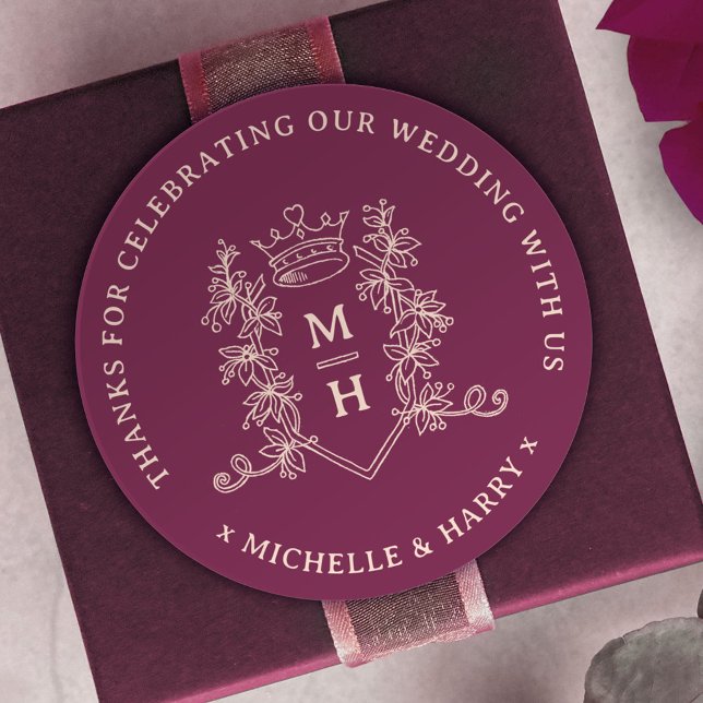 Sticker Rond Feuilles de la Couronne dessiné monogramme mariage (Créateur téléchargé)