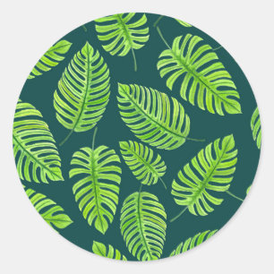 Sticker Rond Feuilles de Monstera, motif d'aquarelle tropicale