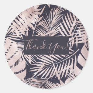 Sticker Rond Feuilles de palmier tropical rose foncé or rose