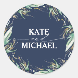 Sticker Rond Feuilles de verdure et d'or Wreath Marine Mariage 