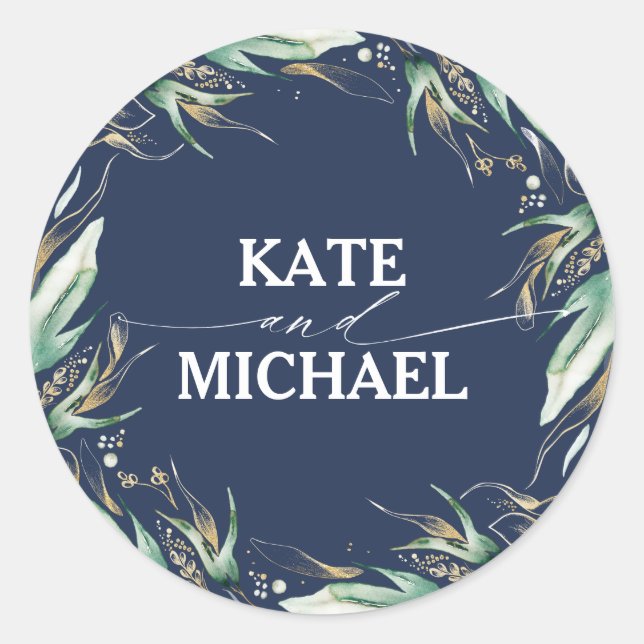 Sticker Rond Feuilles de verdure et d'or Wreath Marine Mariage  (Devant)