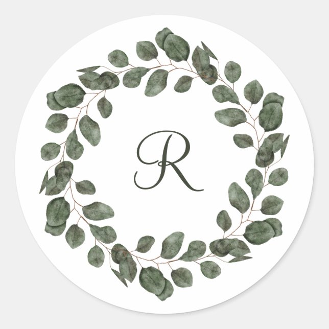 Sticker Rond Feuilles d'eucalyptus élégantes et modernes Monogr (Devant)